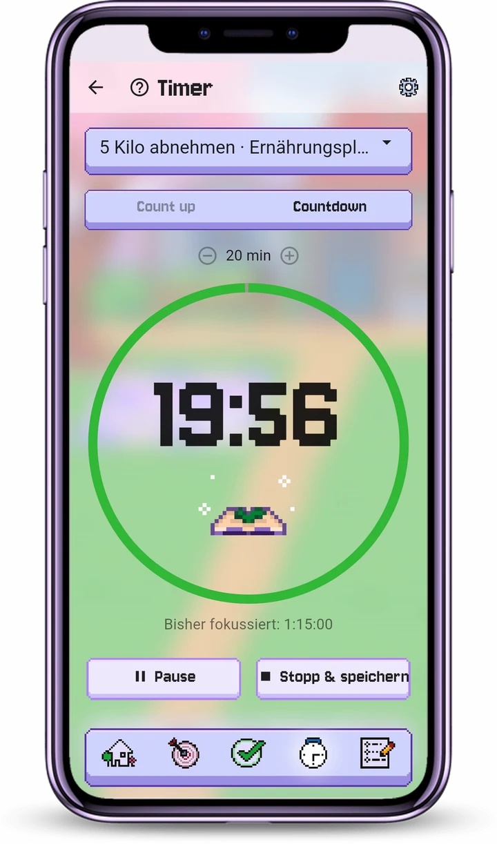 Konzentriert arbeiten mit Stoppuhr oder Countdown, direkt an deiner Aufgabe.